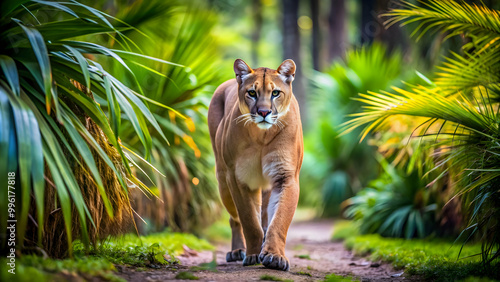 Majestic Florida panther walking through lush forest, Florida panther, cougar, wildlife, endangered species, carnivore