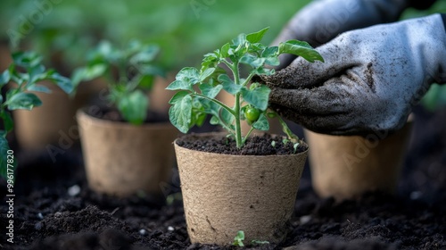 In a vegetable garden, a gardener plants a tomato seedling in a disposable peat pot. Sustainable gardening in the spring photo