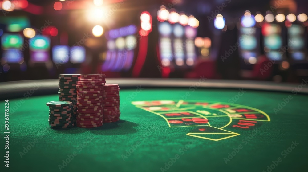 A close-up of poker chips on a vibrant gaming table, showcasing the excitement of casino nightlife. A close-up of poker chips on a vibrant gaming table, showcasing the excitement of casino nightlife.