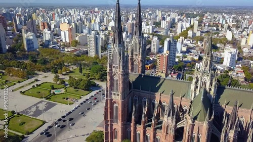 Cathedral of La Plata, Immaculate Conception Cathedral, city of La Plata, Buenos Aires. Aerial shot with drone.