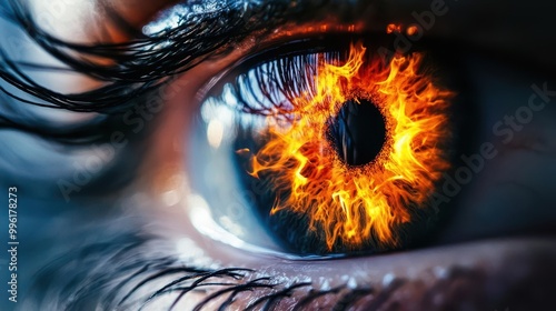 mesmerizing closeup of human eye iris transformed into swirling inferno flames dancing within pupil symbolizing inner passion and intensity photo