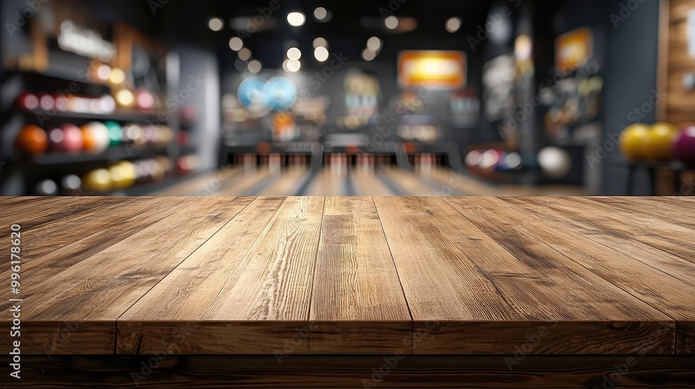 A rustic wooden table foreground with a blurred bowling alley background, perfect for showcasing leisure and entertainment themes, empty mockup for product presentation A rustic wooden table foreground with a blurred bowling alley background, perfect for showcasing leisure and entertainment themes, empty mockup for product presentation