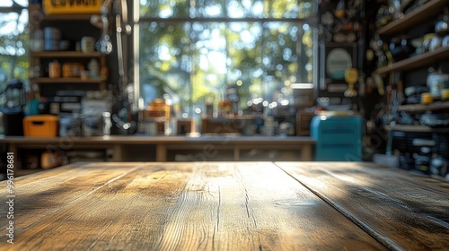 Wallpaper Mural A rustic wooden table in a bright workspace with blurred shelves and natural light streaming through large windows, empty mockup for product presentation Torontodigital.ca