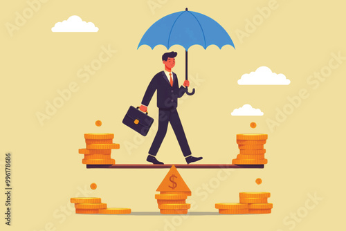 professional person with umbrella in the middle of the financial scale