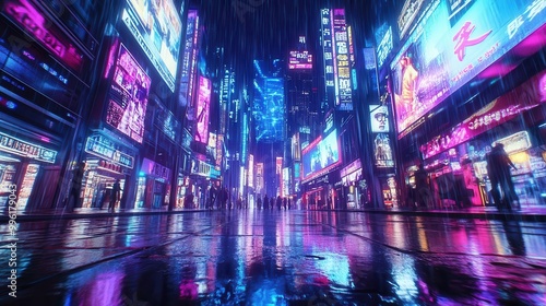 mesmerizing cyberpunk cityscape with towering neon structures reflected in rainslicked streets holographic advertisements float above casting an ethereal blue and purple glow photo