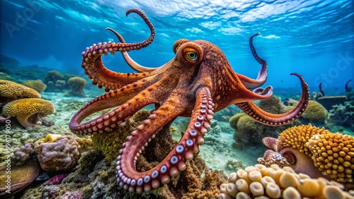 Vibrant Octopus Swimming Among Coral Reef