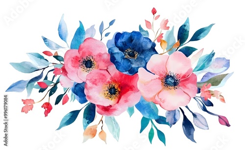 Watercolor floral bouquet with pink, blue, and red flowers on a white background illustration clipart.