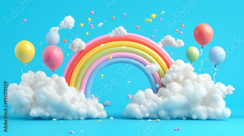 W przestrzeni pełnej kolorów, abstrakcyjna tęcza w trójwymiarowym stylu łukowato wznosi się w górę, otoczona puszystymi, białymi chmurami.