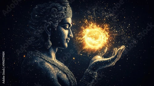 Vishnu with a glowing chakra hovering above his hand, ready to strike cosmic enemies, Vishnu with Sudarshan Chakra, cosmic defense, divine power