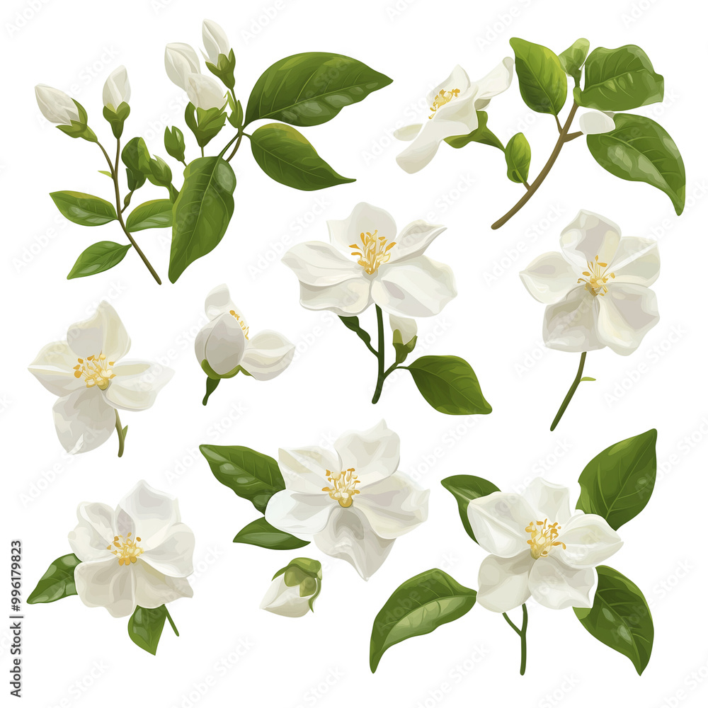 Naklejka premium Flower Art Set, Scrapbooking Concept, Gardening Brand Logo Artwork, Floral Sticker Sheet, Isolated Floral Clipart Design, Natural Beauty Plant Collection, White Background Easy Custom Editing