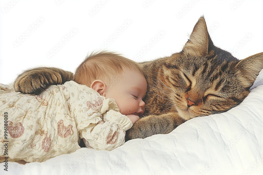 A cat and baby, on solid white background, single object A cat and baby, on solid white background, single object