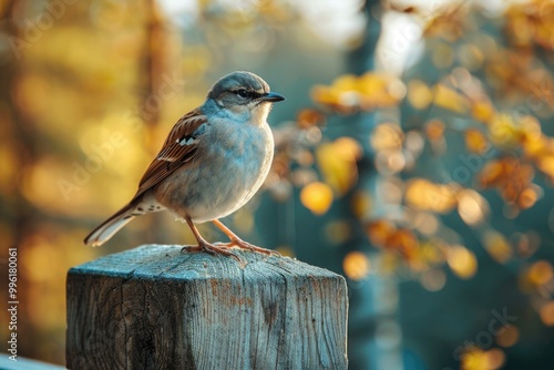 A colorful sparrow perched on a wooden post amidst autumn foliage in nature's splendor photo