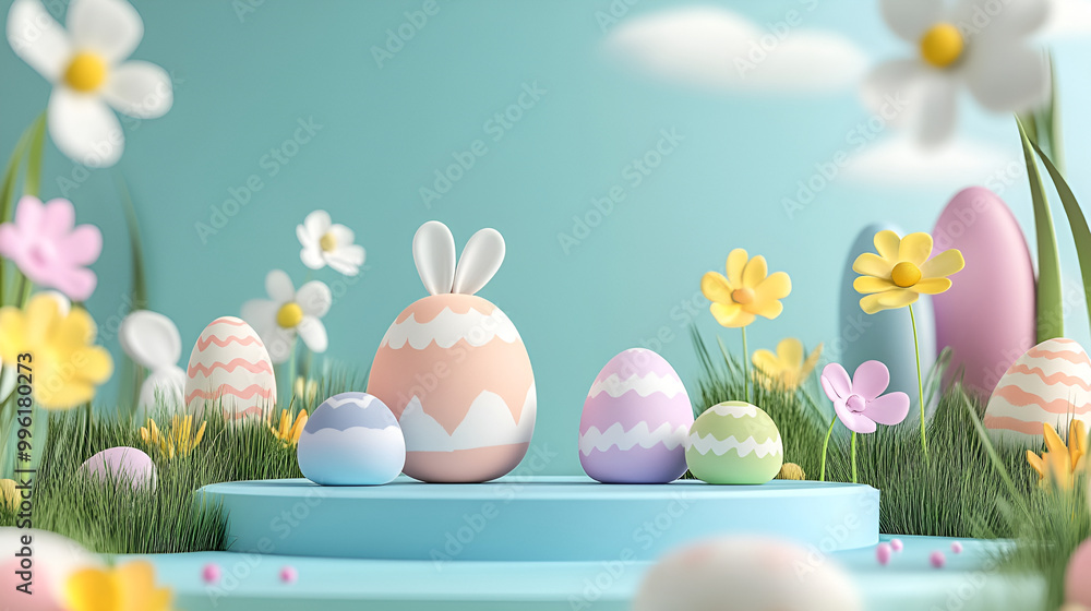 eggs poster template with large podium background on the blue sky and the wooden background Colorful eggs with flower and cute bunny eggs poster template with large podium background on the blue sky and the wooden background Colorful eggs with flower and cute bunny