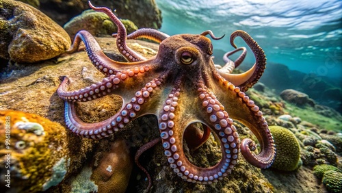 Vibrant Octopus Among Coral Reefs in Ocean Depths