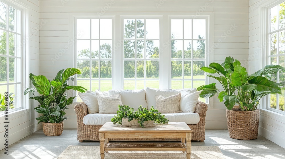 A modern farmhouse sunroom with white-painted shiplap walls A modern farmhouse sunroom with white-painted shiplap walls