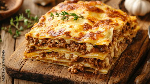 Lasagne z sosem bolognese to klasyka włoskiej kuchni, która zachwyca nie tylko wyglądem, ale i bogactwem smaków.  photo