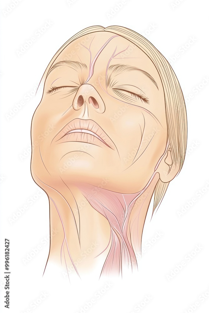 Illustration of human facial anatomy highlighting muscles and veins. Illustration of human facial anatomy highlighting muscles and veins.