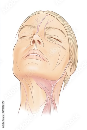 Illustration of human facial anatomy highlighting muscles and veins.