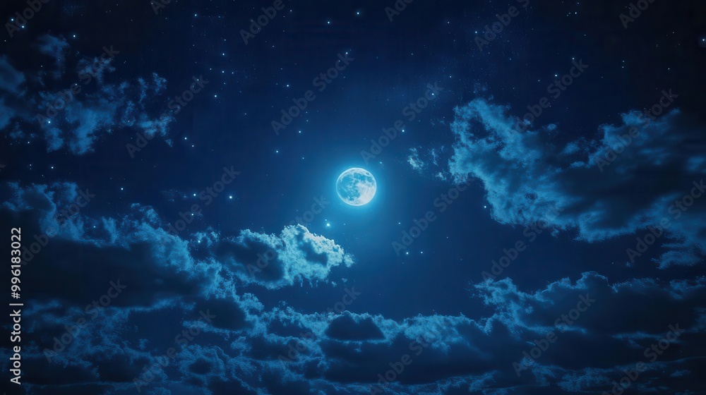mesmerizing night sky brilliant full moon peeking through wispy clouds stars twinkling in deep blue expanse creating ethereal celestial scene mesmerizing night sky brilliant full moon peeking through wispy clouds stars twinkling in deep blue expanse creating ethereal celestial scene