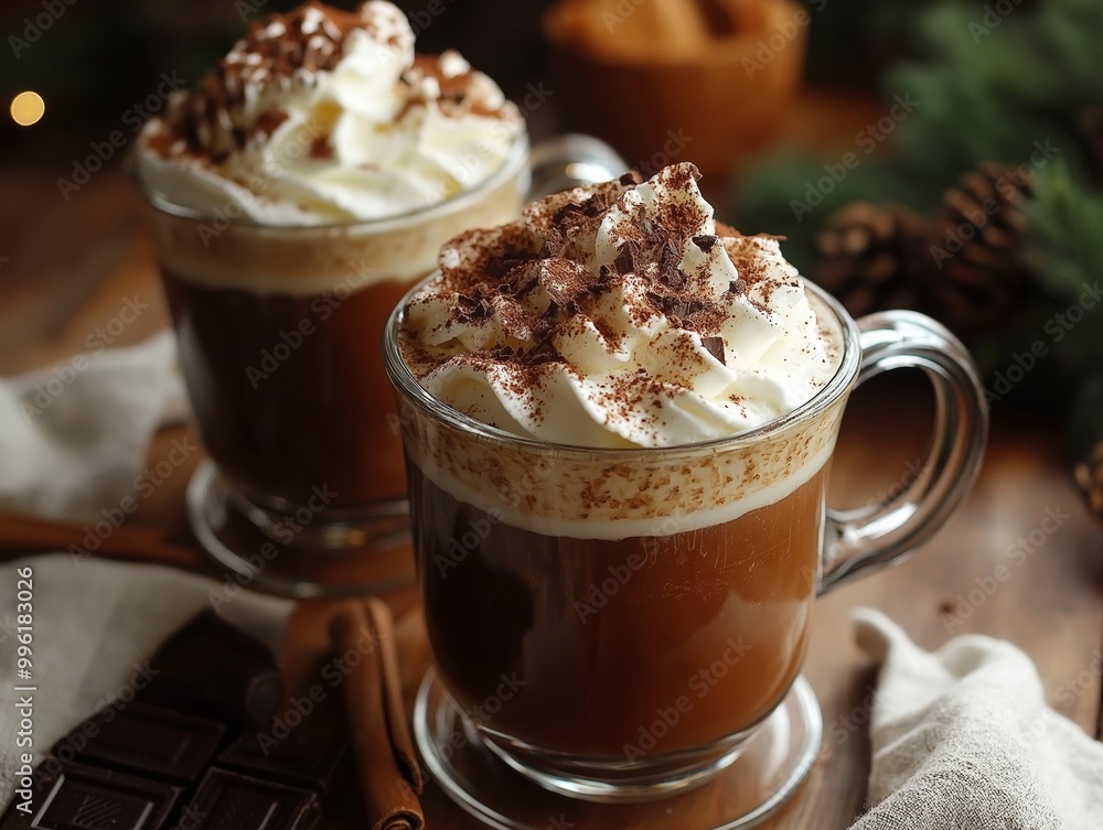 Irish coffee with whipped cream and chocolate shavings, served in a clear mug with a hint of cinnamon Irish coffee with whipped cream and chocolate shavings, served in a clear mug with a hint of cinnamon