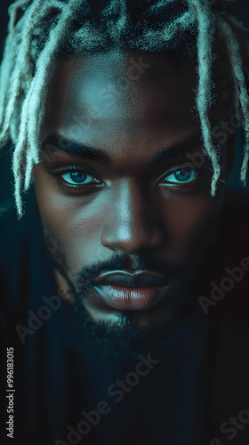 Close-up Portrait of a Man with Blue Eyes and White Dreadlocks, Glowing in Blue Light Against a Dark Background