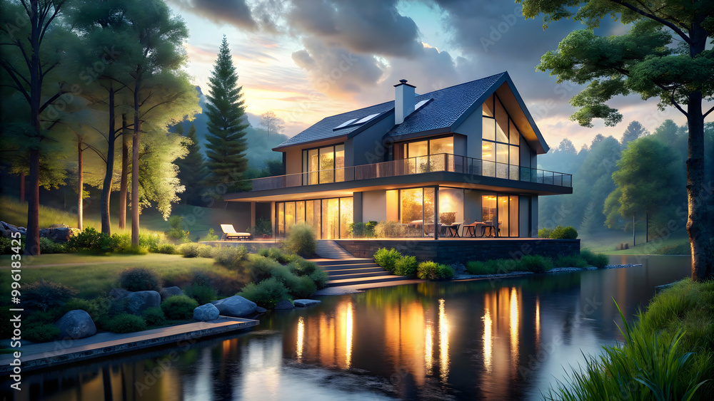 Obraz premium House by river with cinematic lighting in hyperrealistic style surrounded by nature, house, river, greenery