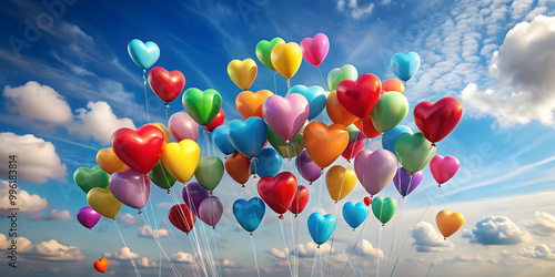 Heart shaped balloons in various colors, floating in the sky, love, celebration, romance, Valentine's Day, party photo