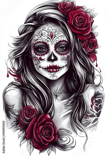 A grayscale image portraying a woman with intricate tattoos and roses in her hair, blending artistic elements of beauty and rebellion in a visually engaging style.