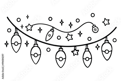 
line art Christmas Lights with stars, outline Holiday bulbs landscape string garland, New Year Festive used for card decoration design element, Xmas Lights Coloring Page 