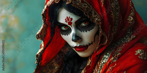 A Close-Up Portrait of a Woman with Skeleton Makeup Wearing a Red and Gold Embroidered Veil