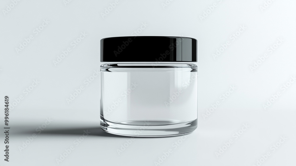 Empty glass white cosmetic jar mock up with black cap isolated on white background Empty glass white cosmetic jar mock up with black cap isolated on white background
