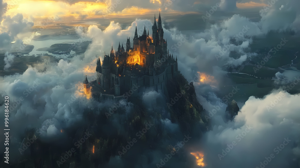 Generative AI, Ethereal Cloud Castle Floating Over Rolling Hills and Glowing Lakes