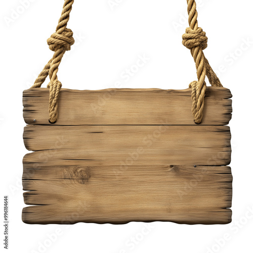 empty hanging wooden dark sign board with ropes isolated on transparent png or white background signpost and billboards concept photo