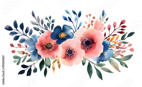 Watercolor flower clipart collection, simple flat design, white background, pastel colors, watercolor 