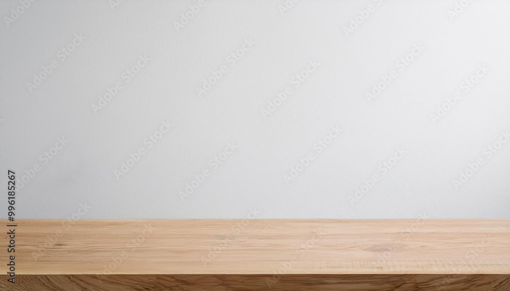 Naklejka premium Wooden tabletop with natural grain texture against a smooth white background, perfect for product displays, mockups, or as a simple backdrop