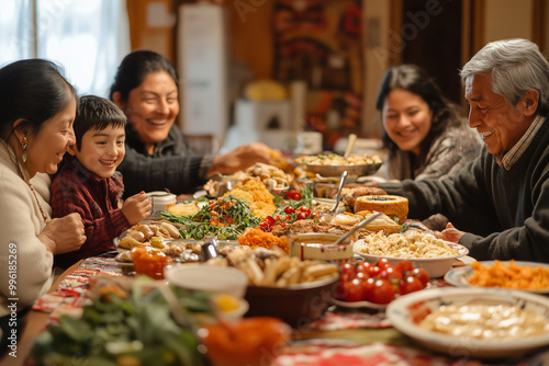 A joyful family gathering sharing a bountiful feast around a beautifully adorned altar during a festive celebration