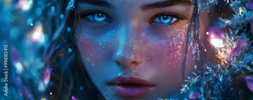 A Close-Up Portrait of a Woman's Face with Blue Eyes and Sparkly Skin, Surrounded by a Delicate Frost-Covered Branches in a Dreamy and Enchanting Setting