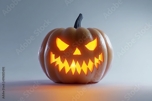 Glowing jack-o'-lantern art installation with carved spooky face on solid white background, single object photo