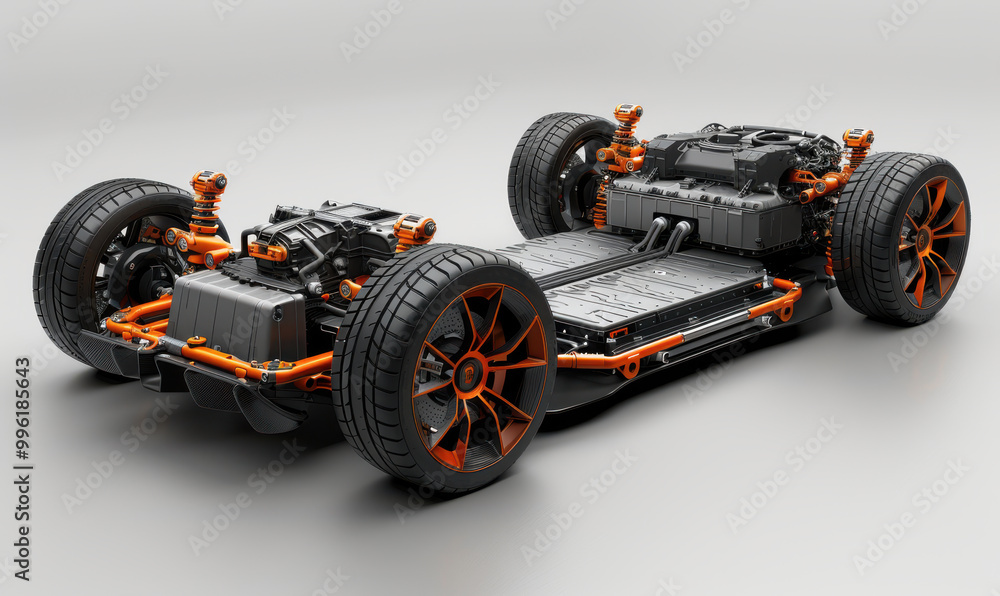 Detailed cutaway view of an electric vehicle battery pack and motor with visible wheels against a neutral background Detailed cutaway view of an electric vehicle battery pack and motor with visible wheels against a neutral background