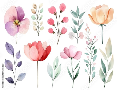 Watercolor flower clipart collection, simple flat design, white background, pastel colors, watercolor 