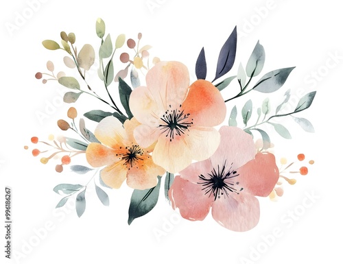 Watercolor flower clipart collection, simple flat design, white background, pastel colors, watercolor 