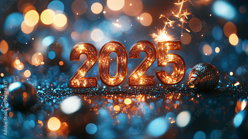 Golden number 2025 and fireworks on blue sparkle and glitter bokeh background. Merry Christmas and Happy New Year celebrating winter holiday background. Golden number 2025 and fireworks on blue sparkle and glitter bokeh background. Merry Christmas and Happy New Year celebrating winter holiday background.