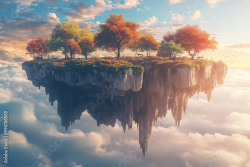 A serene twilight in a surreal dreamscape with floating islands adorned by vibrant trees and soft clouds reflecting a magical atmosphere photo