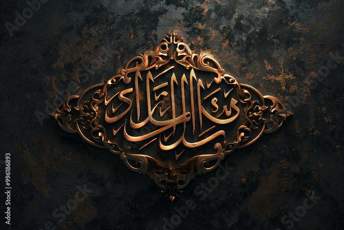 A gold and black design with Arabic writing