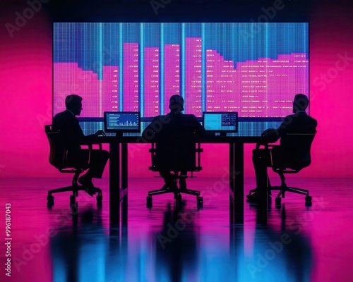 Investors in a virtual meeting, discussing capital investments and risk factors, futuristic holographic interface, vibrant colors, cinematic wide-angle