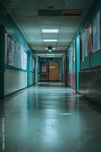 A long, empty hallway with teal walls and illuminated ceiling lights.