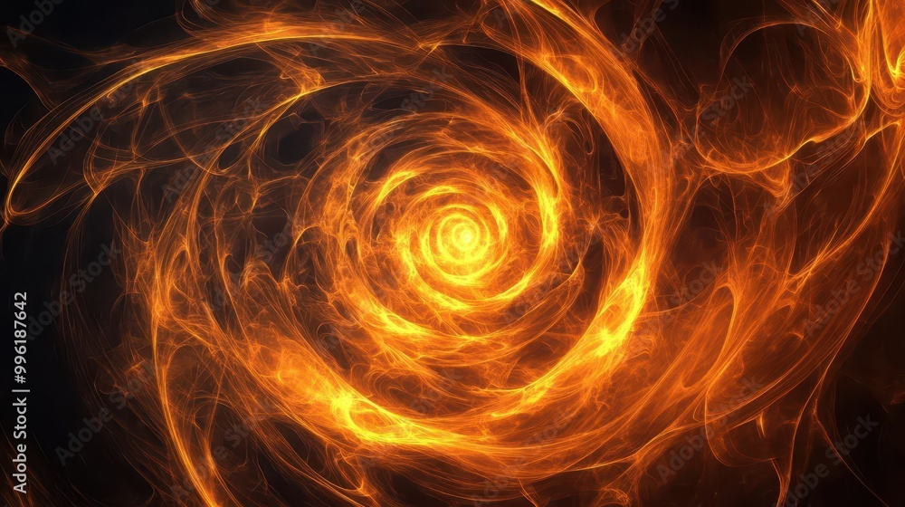 mesmerizing vortex of swirling smoke and vibrant energy forming a mystical wheel pattern rich orange and yellow hues against deep black background sense of magical power mesmerizing vortex of swirling smoke and vibrant energy forming a mystical wheel pattern rich orange and yellow hues against deep black background sense of magical power