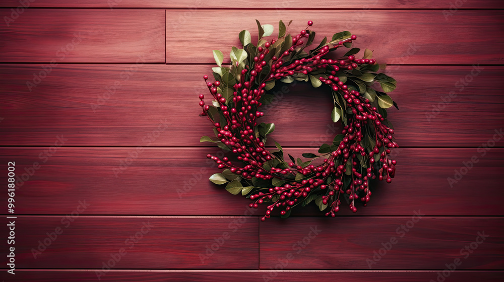 Christmas wreath hanging on a maroon wooden wall Christmas wreath hanging on a maroon wooden wall