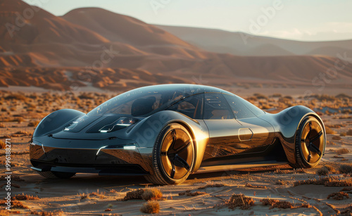 A futuristic electric car with sleek design parked in the desert under soft sunlight