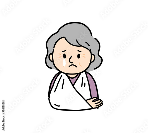 腕を骨折しているシニア女性のイラスト